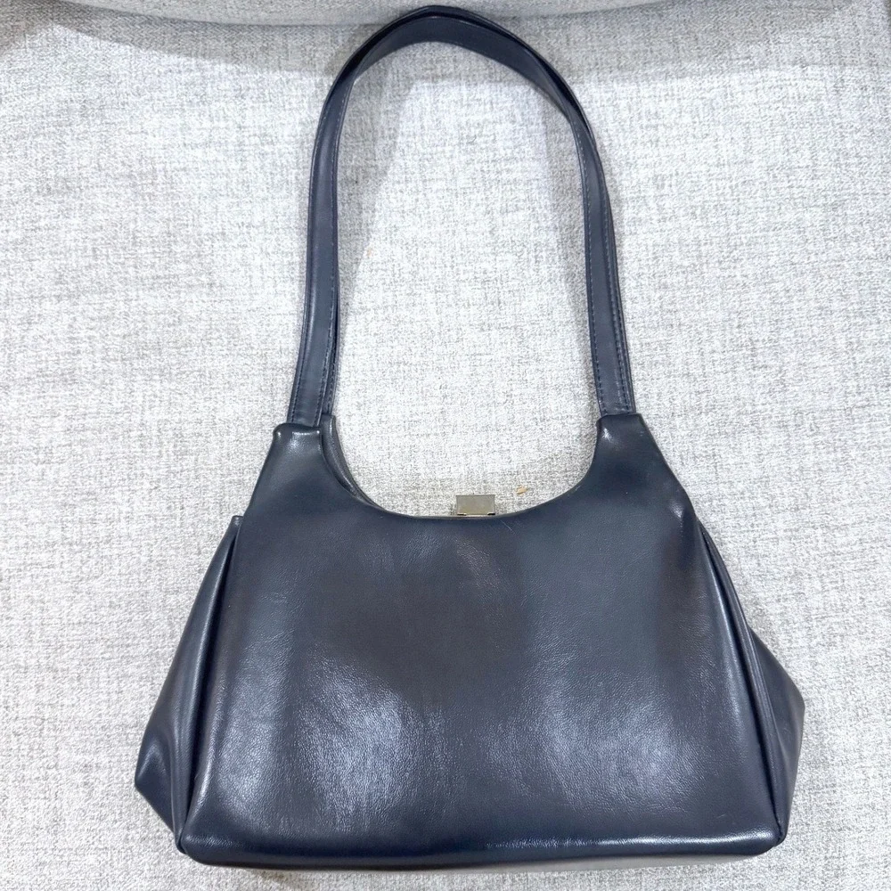 Vintage Navy Blue Faux Leather Shoulder Bag Gold Tone Minimalist
